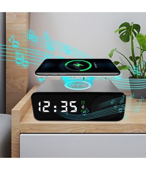 Shenzhen Factory Unique Design Bedside 15W Wireless Charging Alarm Clock With Wireless Speaker