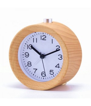 KH-WC022 Creative Small Round Classic Wood Silent Desk Travel Alarm Clock With Nightlight