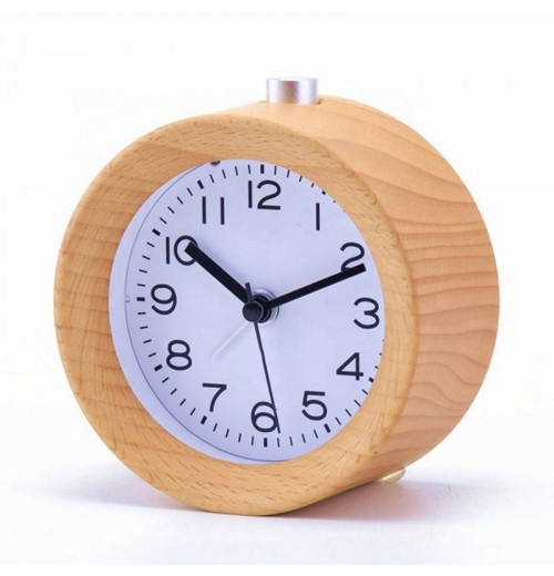 KH-WC022 Creative Small Round Classic Wood Silent Desk Travel Alarm Clock With Nightlight