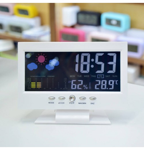 Voice Wake up Back light Weather Forecast LED Color Screen Desk Clock Digital Table Alarm Clock With Multi Function